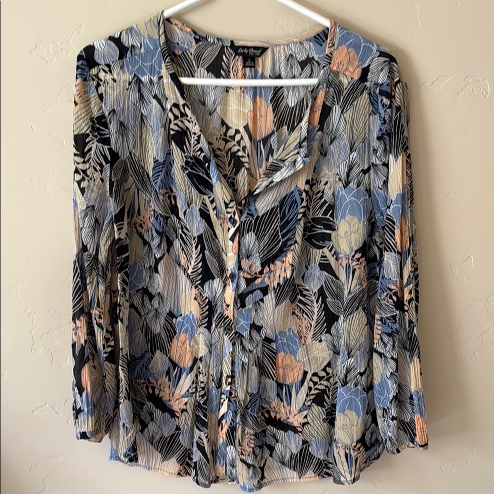 Lucky Brand Blue multi  3/4 Sleeve Notched Collar Blouse